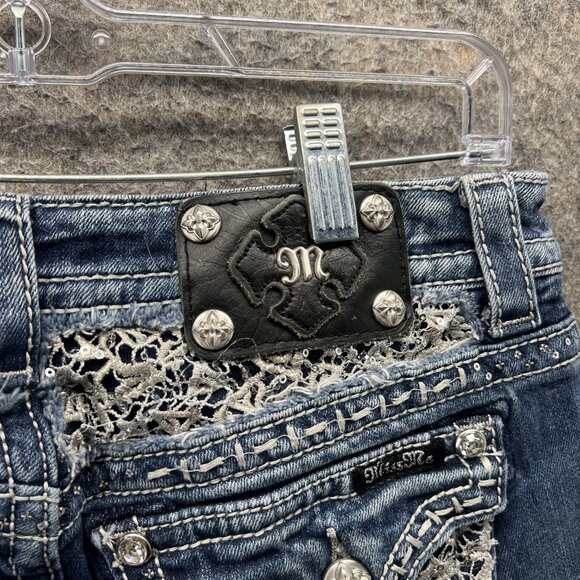 Miss Me Jeans Womens 28 Blue Easy Capri Distressed Embroidered Lace Denim Pants - Picture 11 of 12